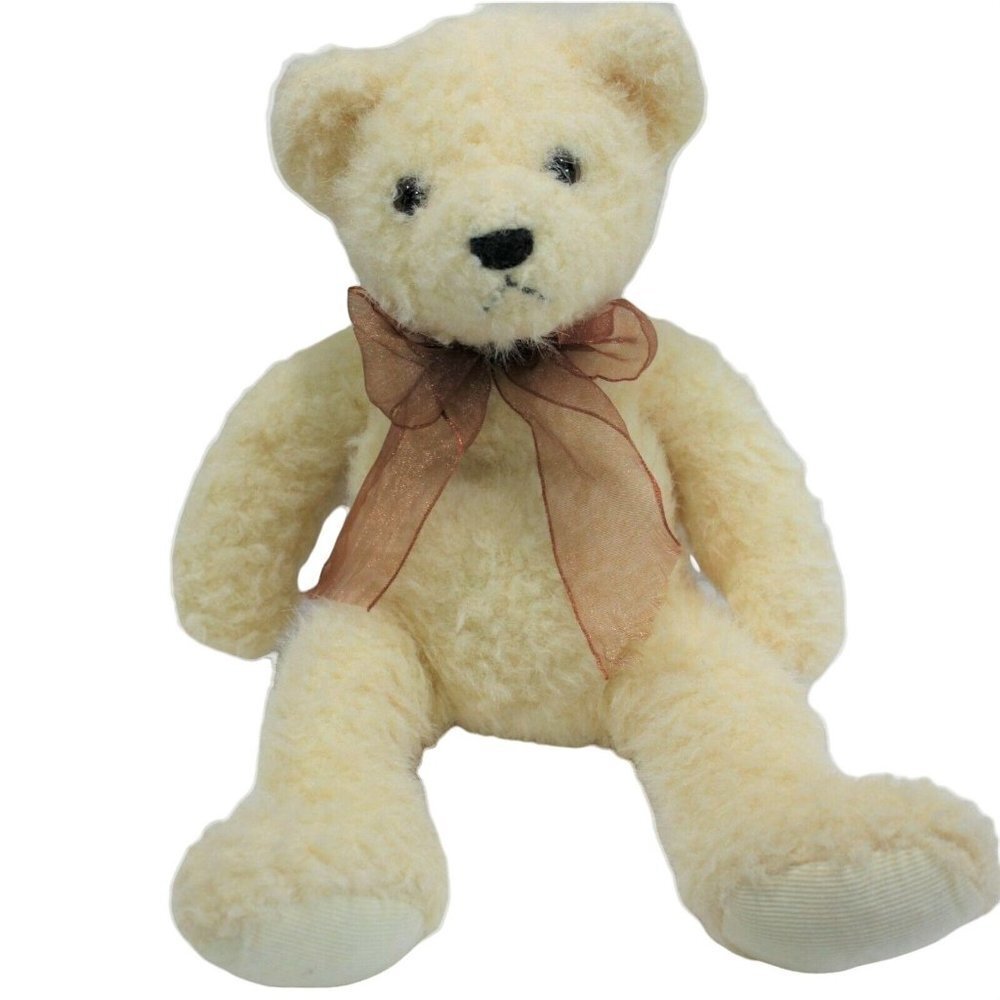Kellytoy Plush Bear Unisex 8" Tan Fuzzy Corduroy Feet Brown Bow